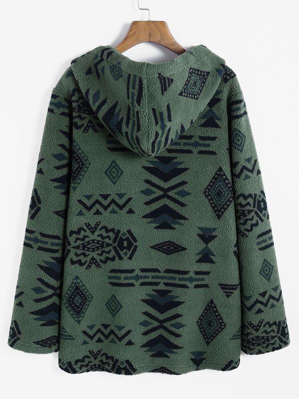 Women's Ethnic Pattern Drop Shoulder Button Front Hooded Coat, Casual Jackets, Long Sleeve Pocket Coat for Fall & Winter, for Daily Wear, Comfort Longsleeves, Coats for Women, Going Out Outfits 2024